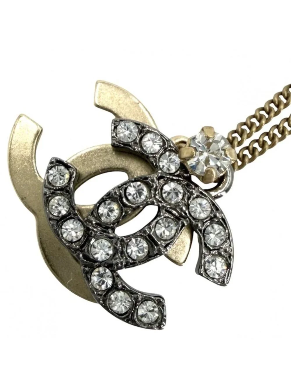 Chanel Necklace CC Logo Rhinestone Gold Silver